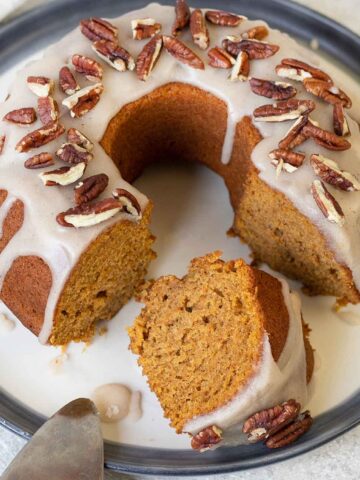 sweet potato bundt cake topped with maple glaze.