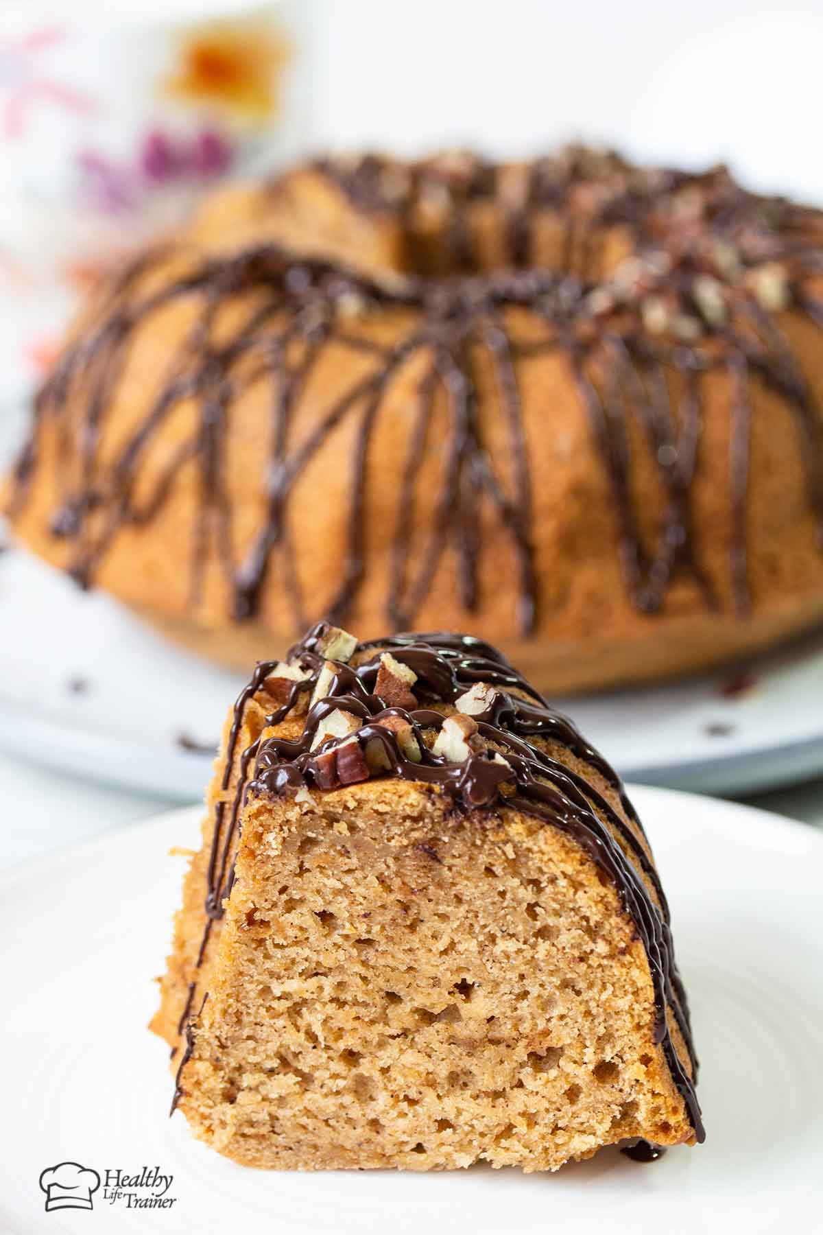 Sweet potato pound cake slice on a serving plate.