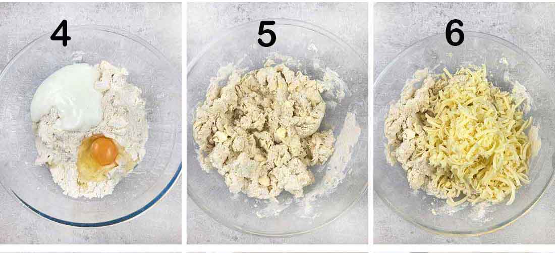 mix in the buttermilk and the egg then stir in the shredded cheese until the dough comes together.