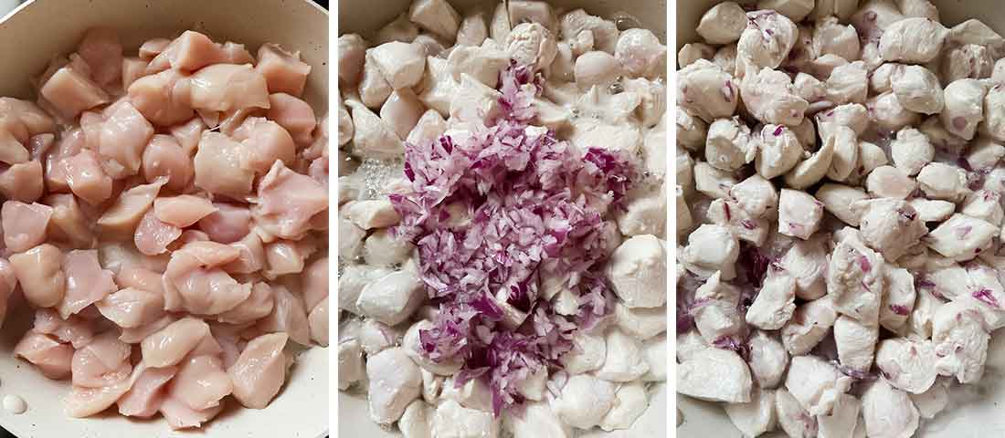 Add chicken and cook, add onion and garlic.