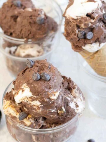 Chocolate Marshmallow Ice Cream in a cup and cone.