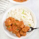 Lamb Tikka Masala on top of white rice.