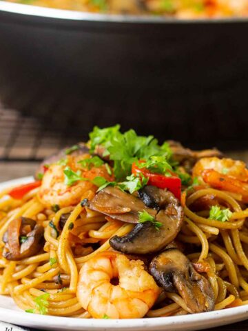 Shrimp And Mushroom Pasta in a serving plate.
