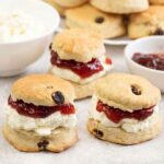 Sultana Scones filled with cream and jam.