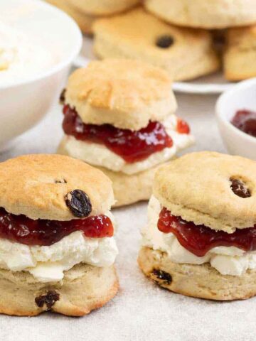 Sultana Scones filled with cream and jam.