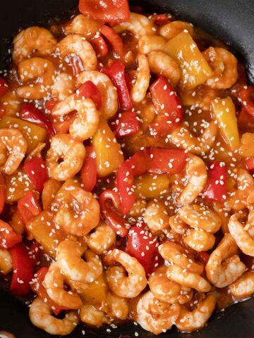 Sweet and Sour Shrimp in a skillet.