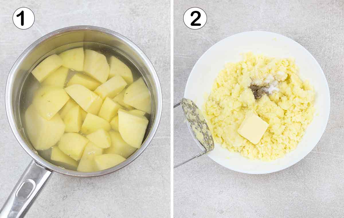 cook the potatoes until soft then mash them and ad butter, salt and pepper.
