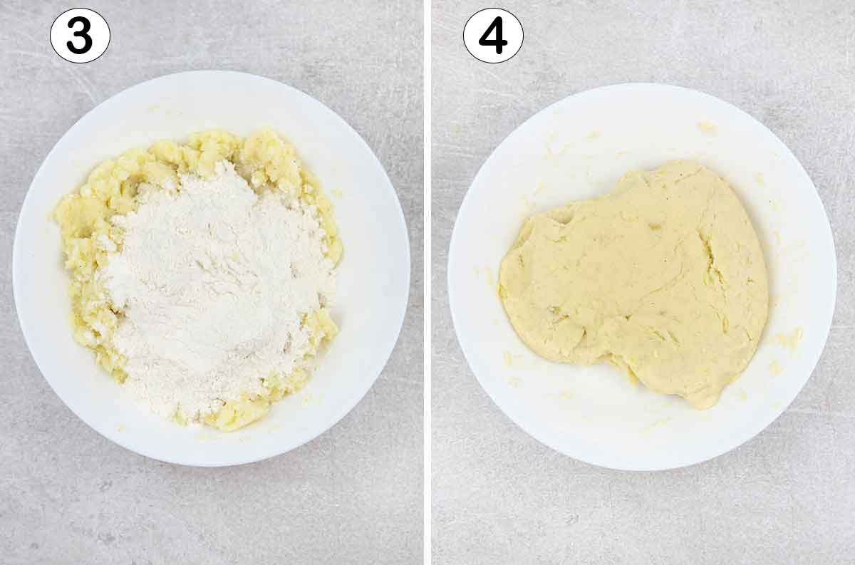 add the flour to these mashed potatoes until a dough forms. Knead the dough slightly.