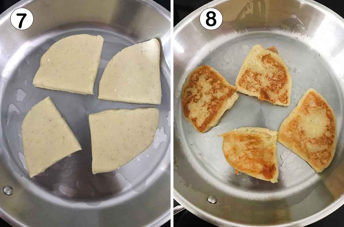 transfer the triangles to the hot skillet and cook for about 5-6 minutes on each side or until golden brown.