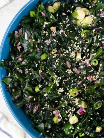 Japanese Seaweed Salad (Wakame) topped with green onion and sesame seeds.