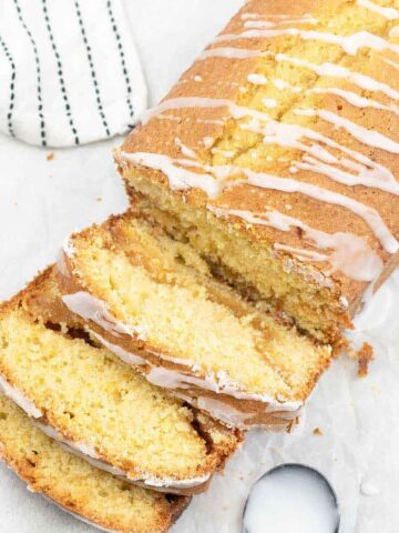 marzipan loaf cake drizzled with sweet syrup.