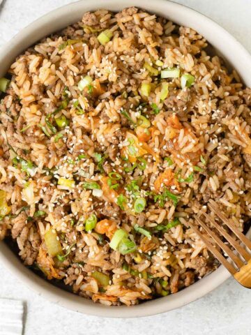 Kimchi Fried Rice with ground beef in a large bowl.