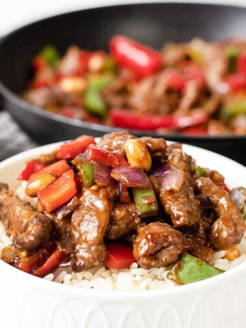 Kung Pao Beef on top of white rice.