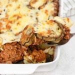 Lamb Moussaka in a baking pan.