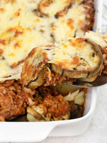 Lamb Moussaka in a baking pan.