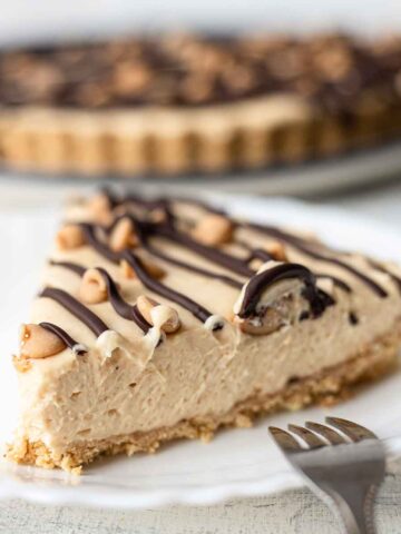 Classic Peanut Butter Pie topped with Reese's peanut butter chips and chocolate.