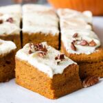 pumpkin sheet cake topped with cream cheese frosting.